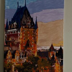 Hand-Painted Castle Skyline Wall Art in Blue and Orange